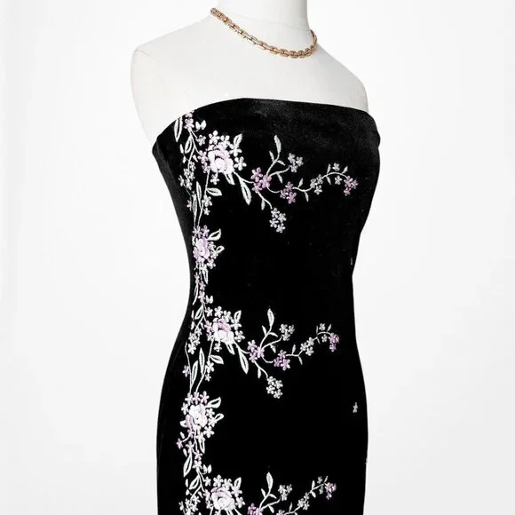 Vintage Black Strapless Velvet Floral Embroidered Maxi Bodycon Slit Dress S/M/L - Picture 8 of 9